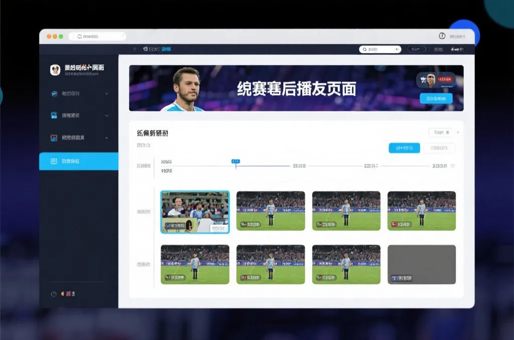 比赛结束后，电视屏幕展示集锦回放页面，旁边有时间轴和多角度切换提示